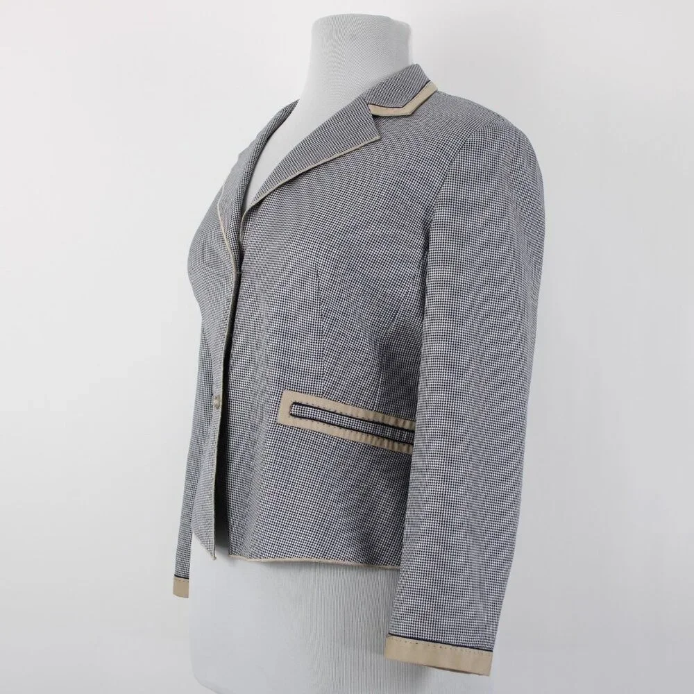 Carlisle Sz 16 Navy Blue White Brown Faux Pockets Lined Silk Wool Cotton Jacket - Picture 4 of 12